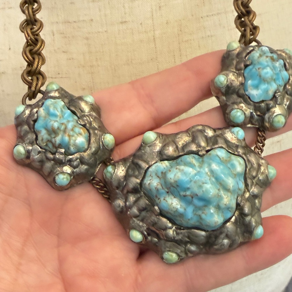 Vintage Brutalist Faux Turquoise Bib Necklace Chunky Brass Chain Statement Piece